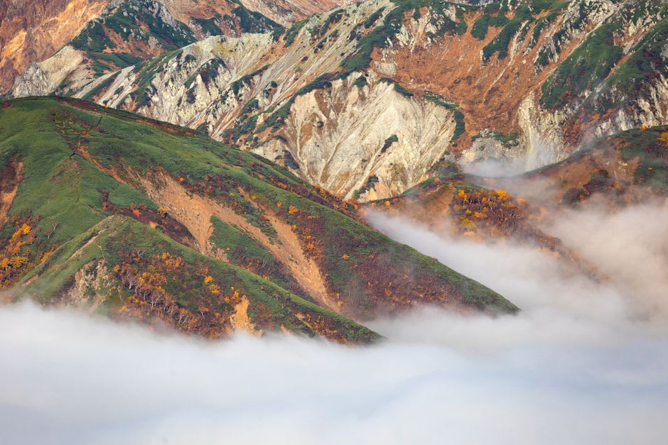 The cantilevered Cloud Walk deck extending over a valley filled with clouds at dawn on Tomamu Mountain