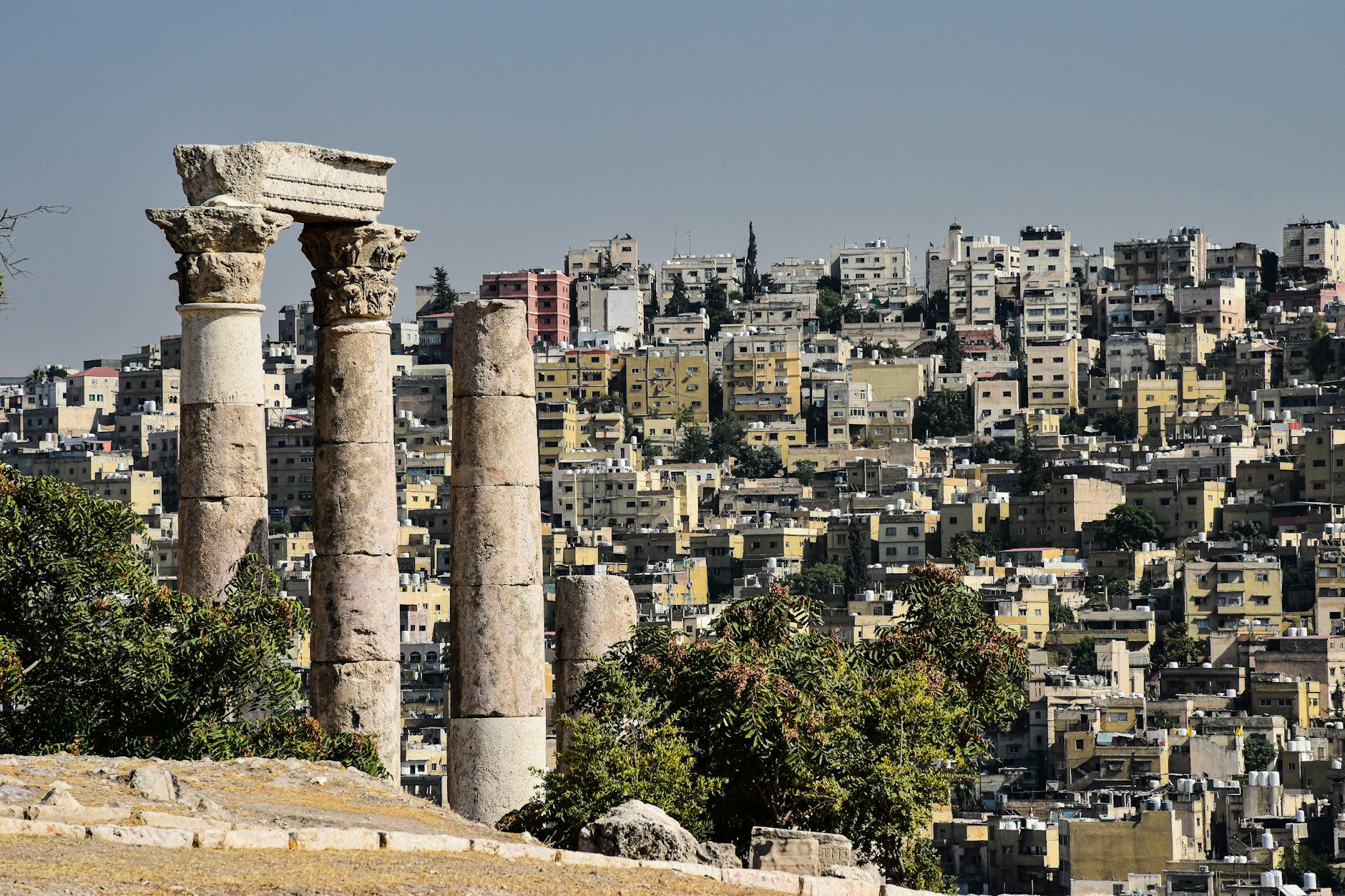 View of Amman's white hillside cityscape from the ancient Citadel ruins