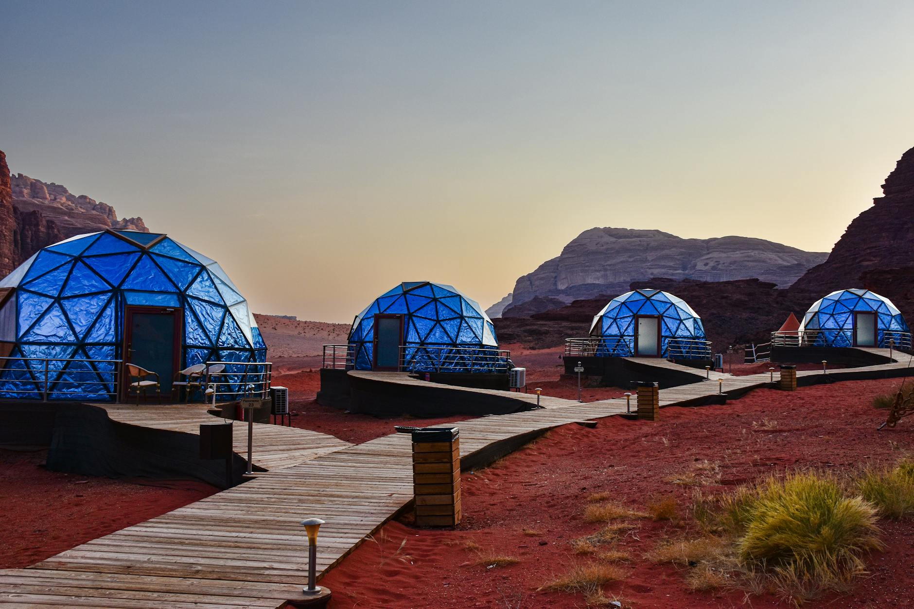 Stars and clear sky over the dramatic desert landscape of Wadi Rum