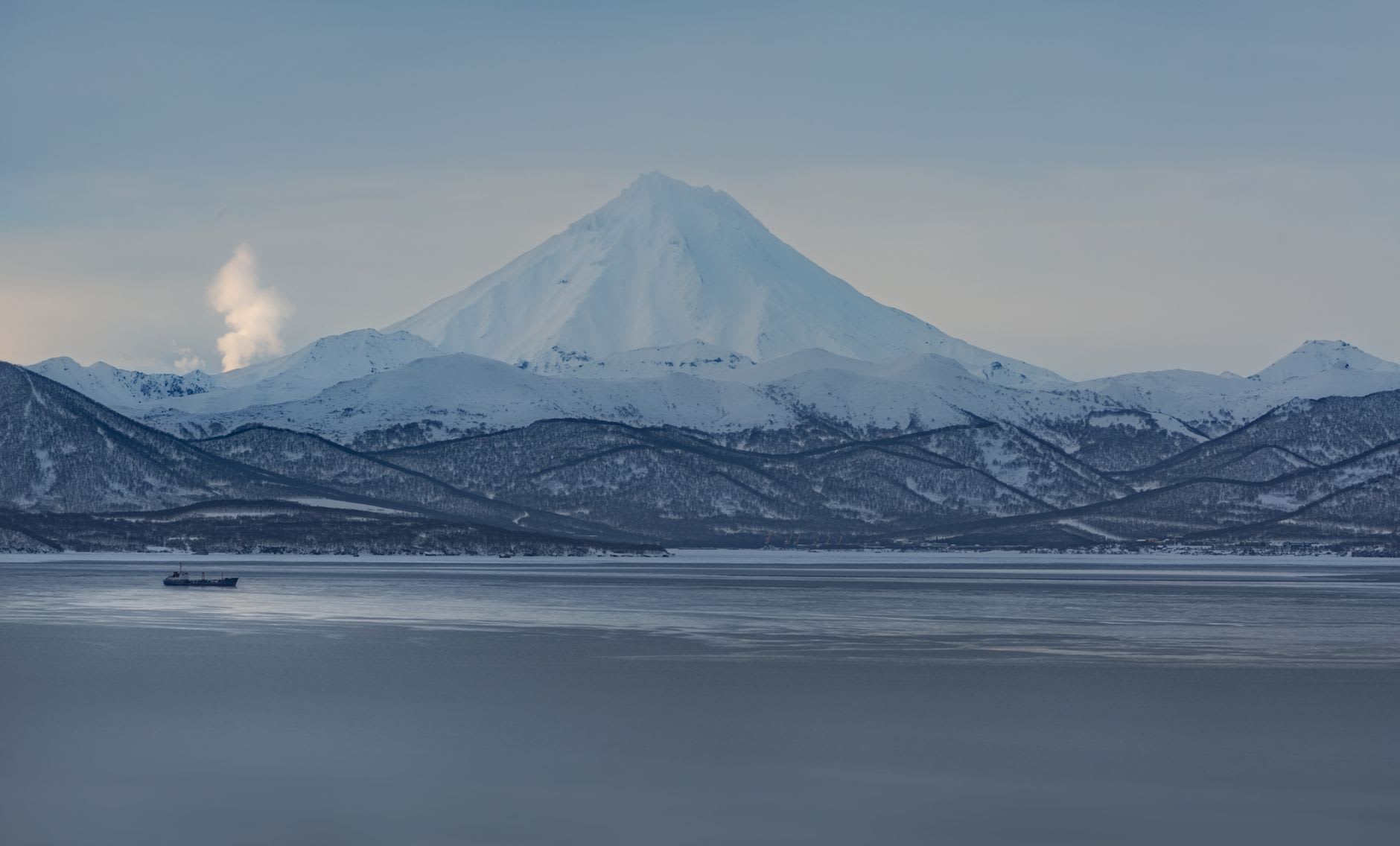 Kronotsky Volcano's perfect cone seen from the reserve interior, its slopes catching the late afternoon light above the birch forest below