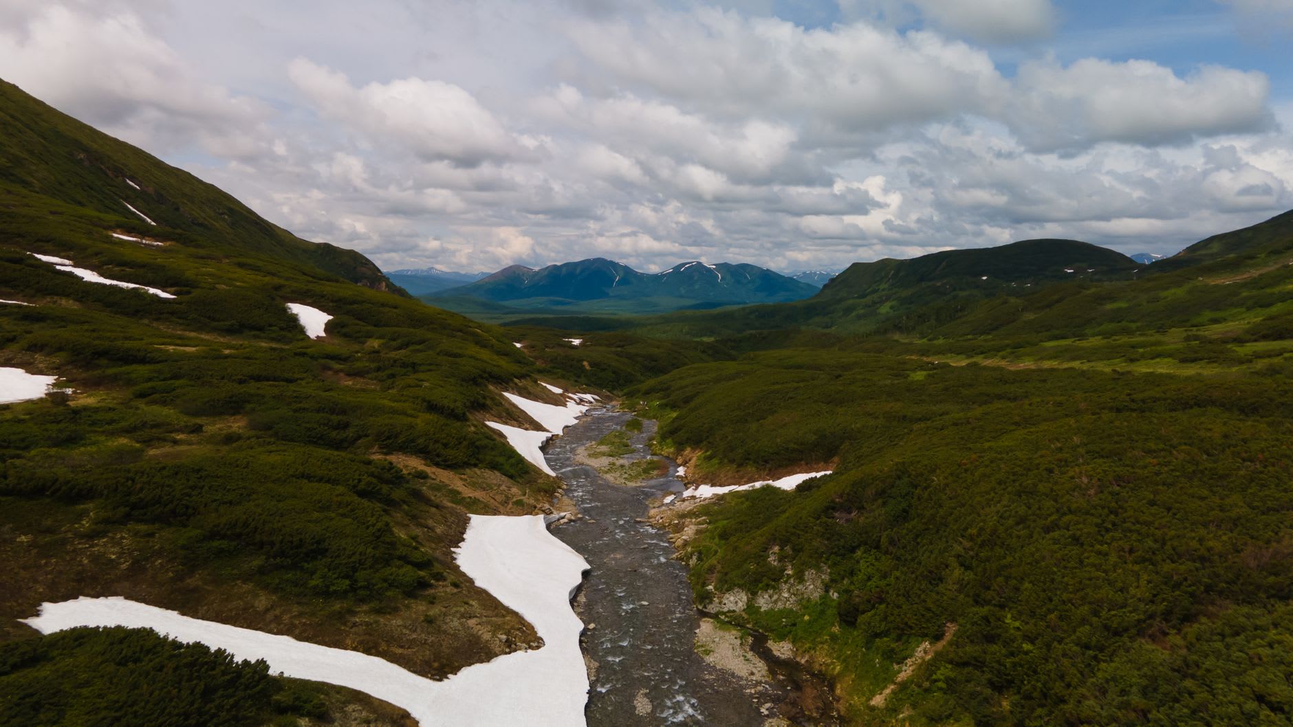 Steam rising from dozens of hydrothermal vents along the Geysernaya River, the valley floor a mosaic of mineral colours