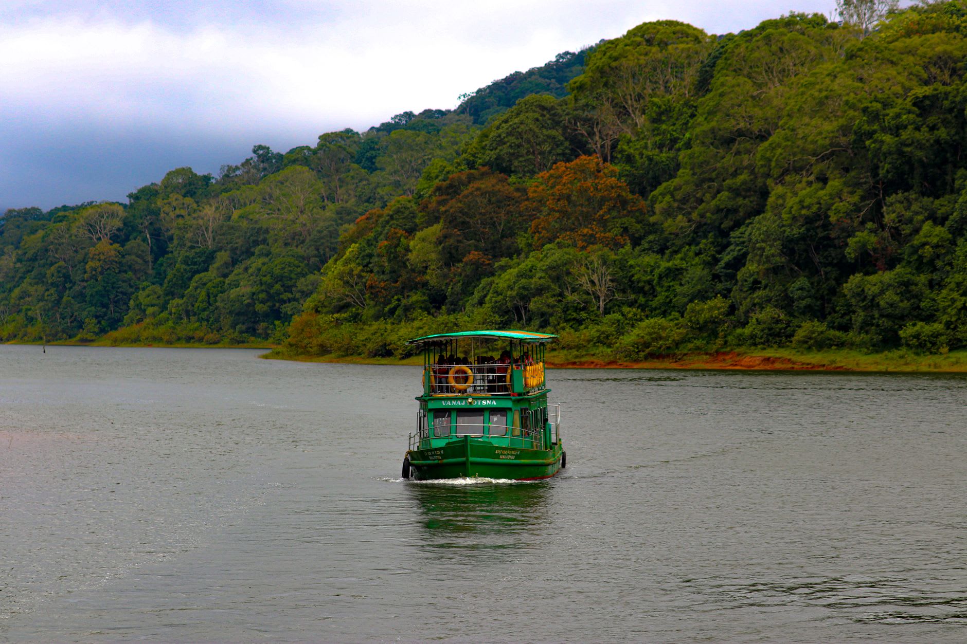 A wildlife boat drifting past mist-wrapped dead tree trunks on Periyar Lake at dawn in Thekkady