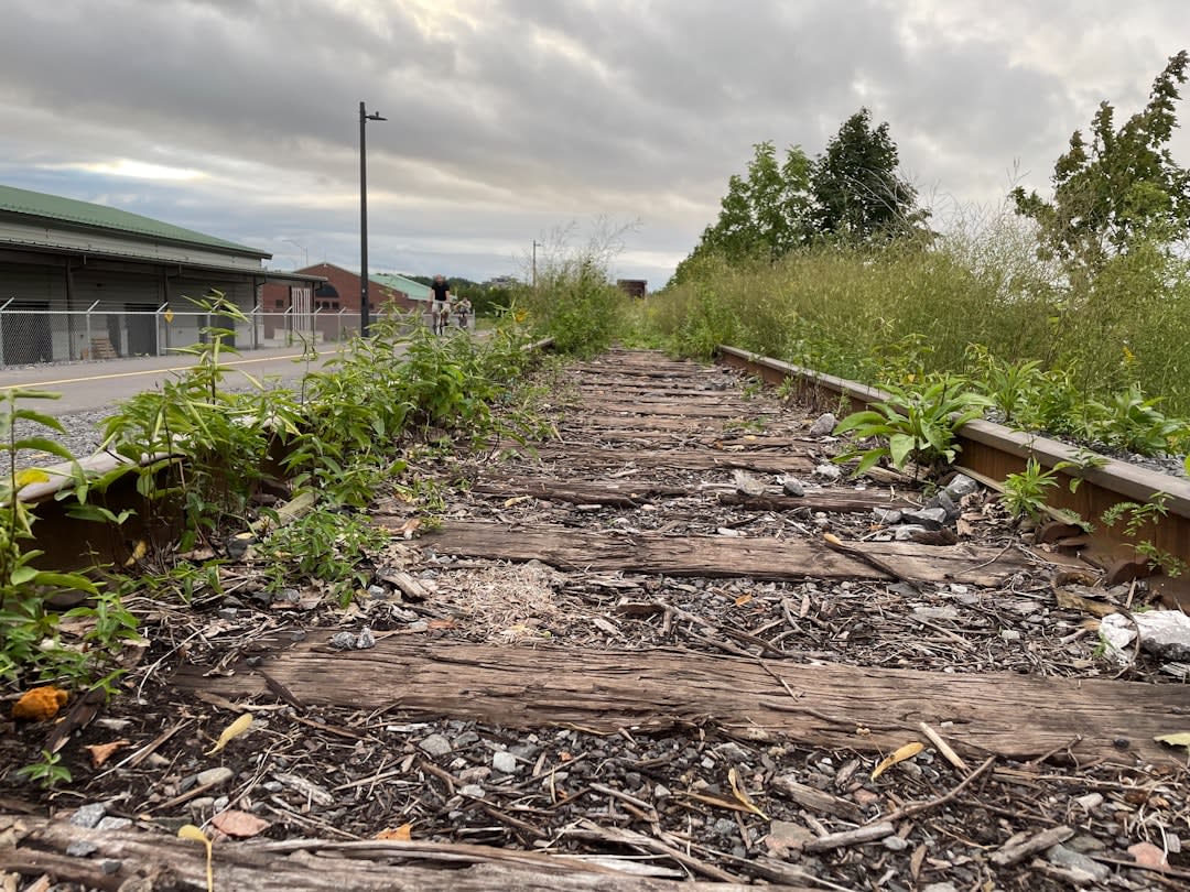 Rusted remains of phosphate mining infrastructure on Banaba, with overgrown vegetation reclaiming old rail lines