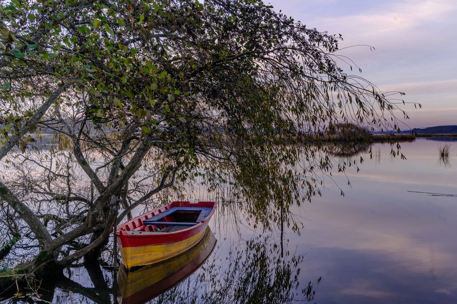 Un pequeño bote de madera cruzando las aguas tranquilas del Lago Ranco con colinas boscosas en la orilla opuesta