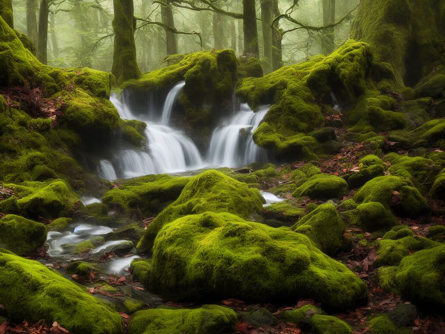 Rydal Falls tumbling through mossy rock in the grounds of Rydal Hall