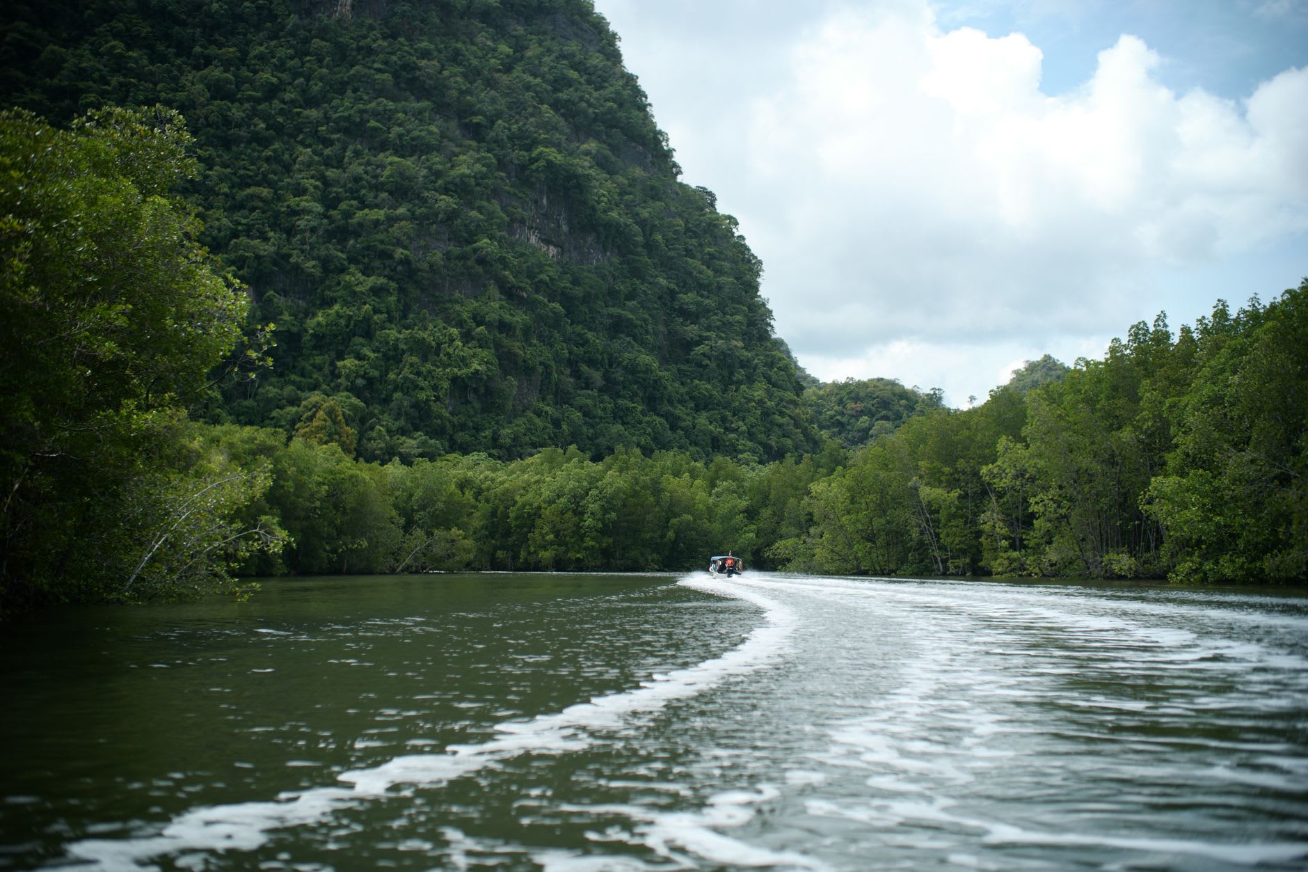 Le Pont du Ciel de Langkawi suspendu entre des pics calcaires au-dessus de la canopée de jungle, avec de la brume dérivant dans la vallée en contrebas