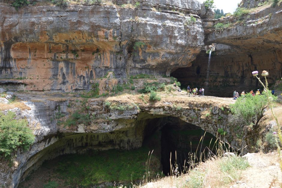 The seasonal waterfall of Tannourine crashing into a pool surrounded by spring wildflowers