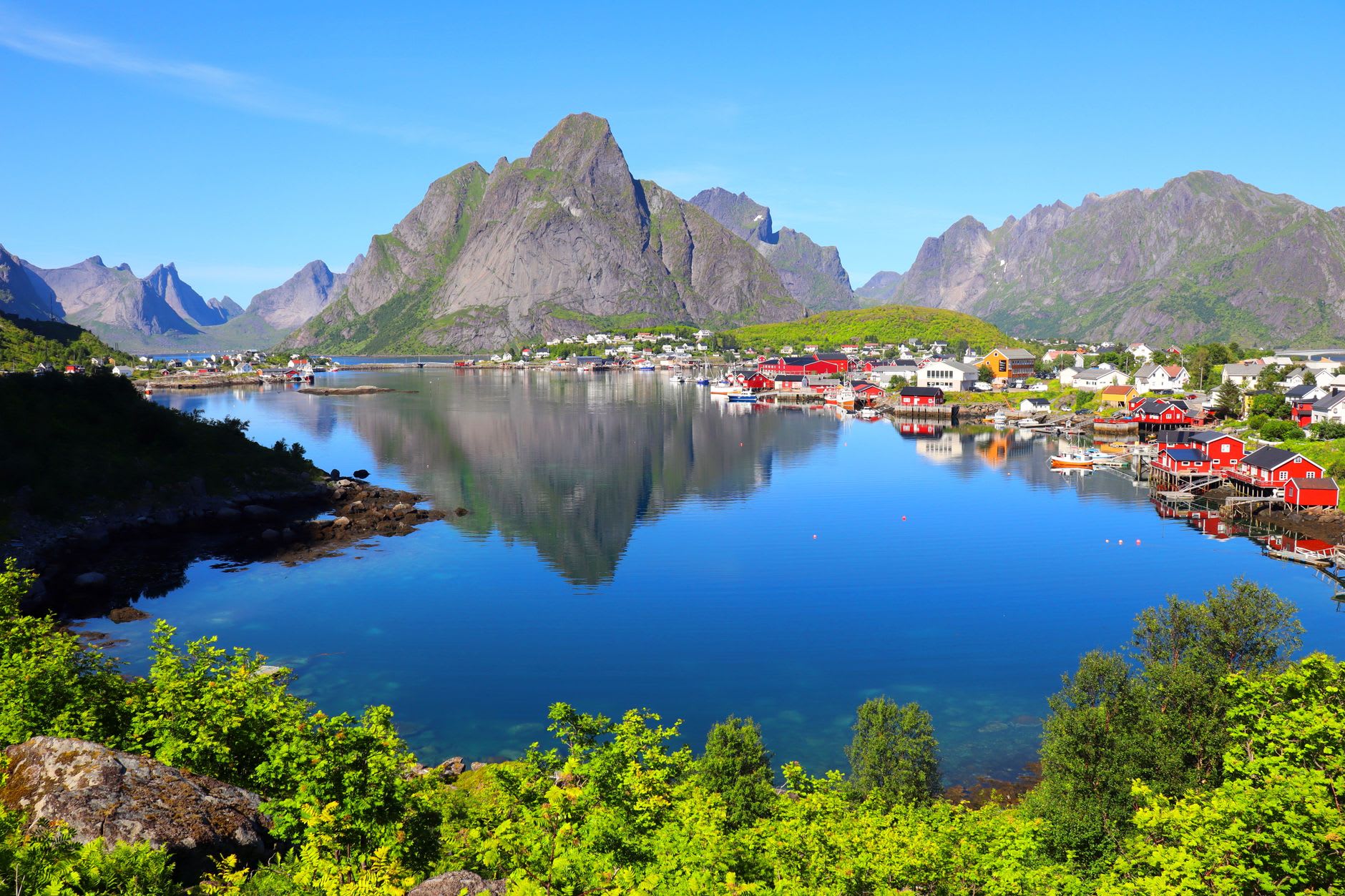 Reine seen from above: village nestled between fjord and mountain on a clear winter morning, rorbu red against the ice-blue water