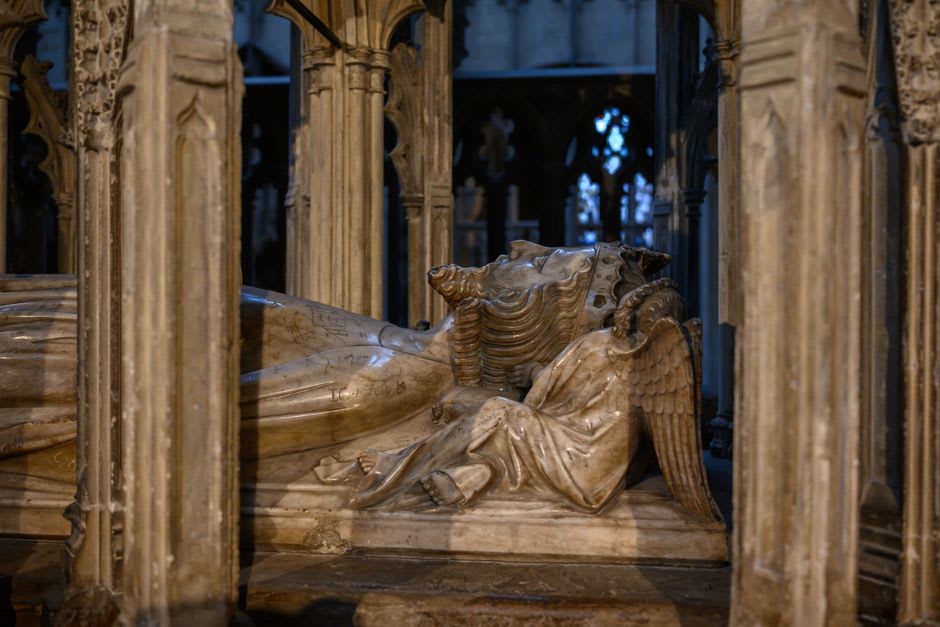 Painted stone recumbent effigies of the Plantagenet kings and Eleanor of Aquitaine in the abbey church at Fontevraud