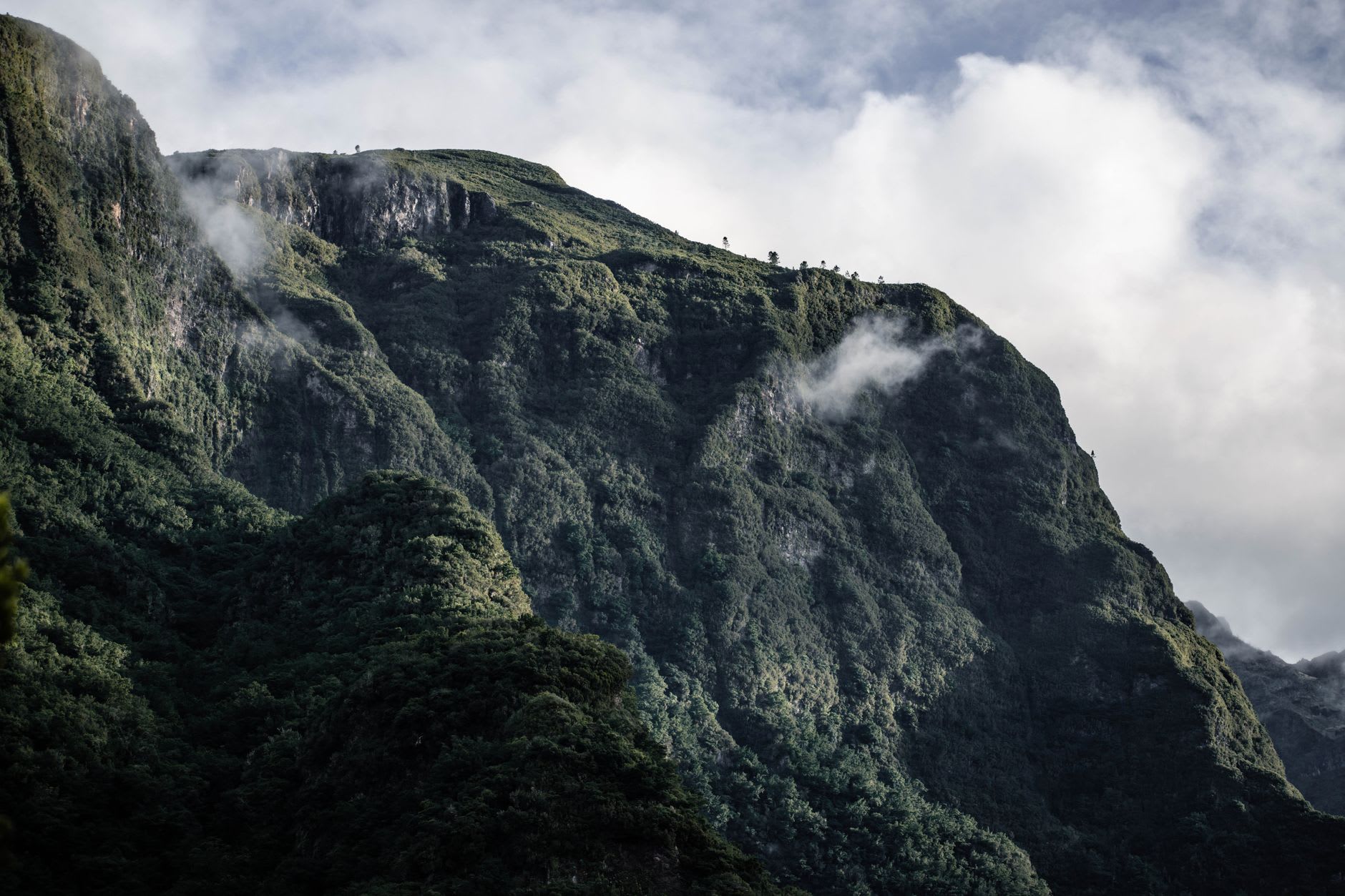 The rocky ridge trail descending from Pico Ruivo toward Pico do Arieiro, hikers dwarfed by the scale of the volcanic landscape