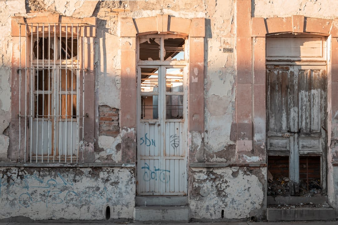 A street of colonial buildings in the Aguascalientes centro, pale facades with carved stone window frames and a couple walking away in the middle distance