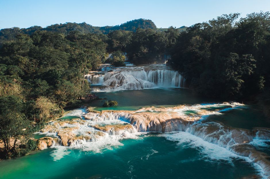 A close view of the turquoise waters at the base of Velo de Novia waterfall, El Chiflón