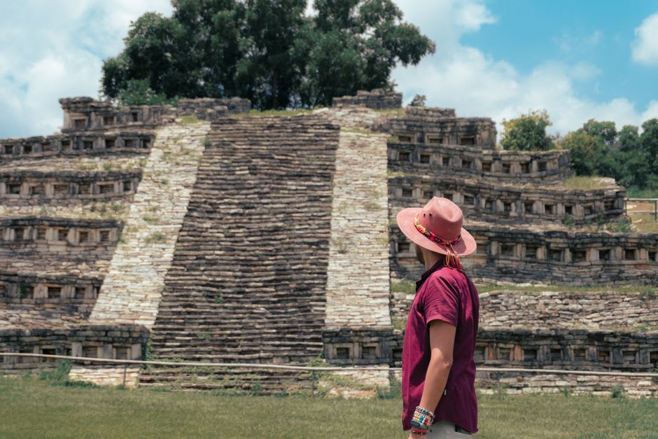 Circular tiered temple at El Cerrito seen from the base of the main platform, Nayarit