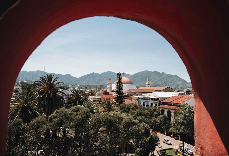 The ochre facade of the Templo de la Purísima Concepción framed by the quiet plaza of Jala