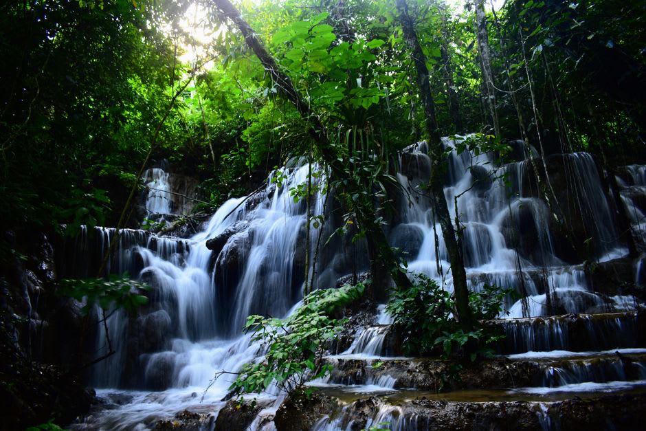 Clear cold swimming hole fed by a forest stream at the base of the Malpasito ruins, surrounded by dense Tabasco jungle