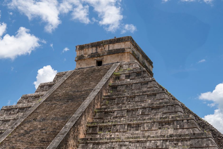 Serpent head detail at the base of the Castillo de Kukulcán, Mayapán