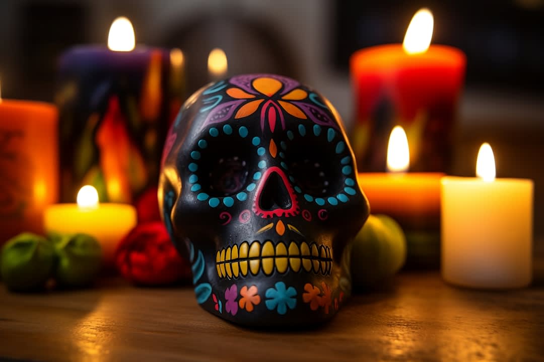 An elaborate Day of the Dead altar in Michoacán covered in marigolds, candles, photographs, and food offerings, surrounded by families keeping the night vigil