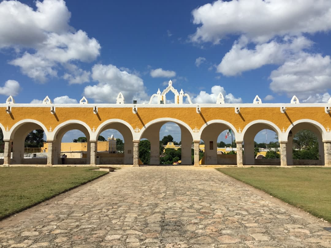 Tree-lined streets near the central plaza of Motul with colonial buildings, Yucatán