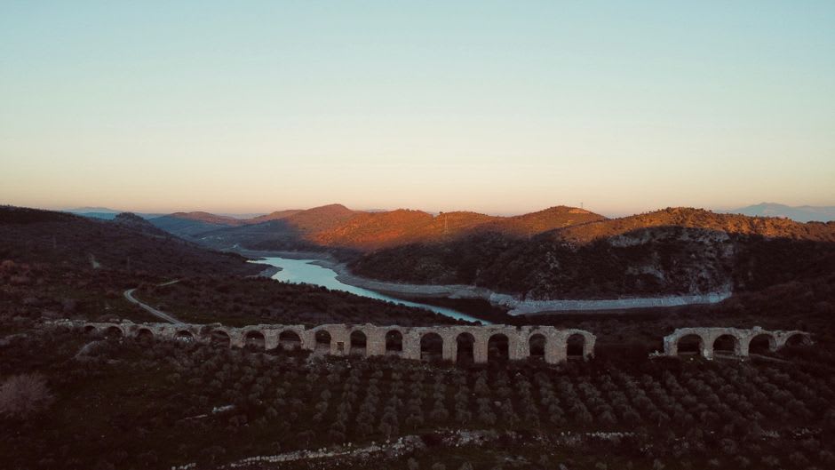 Green fruit orchards and the Laja River near Salvatierra, the stone arches of the aqueduct visible through the trees in the background