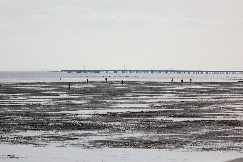 The San Felipe tidal flat at low tide, an expanse of wet sand stretching to the horizon with boats tilted on the bottom and two fishermen walking in the middle distance