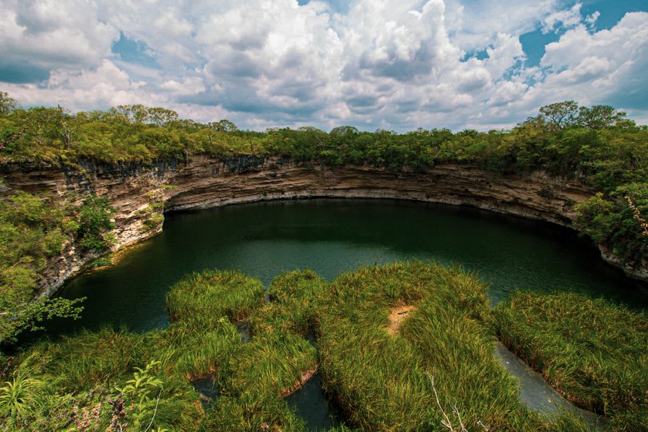 Looking down from the rim of the Sima de las Cotorras into its shadowed depths, vertical limestone walls catching the last warm light of afternoon with jungle canopy stretching to the horizon