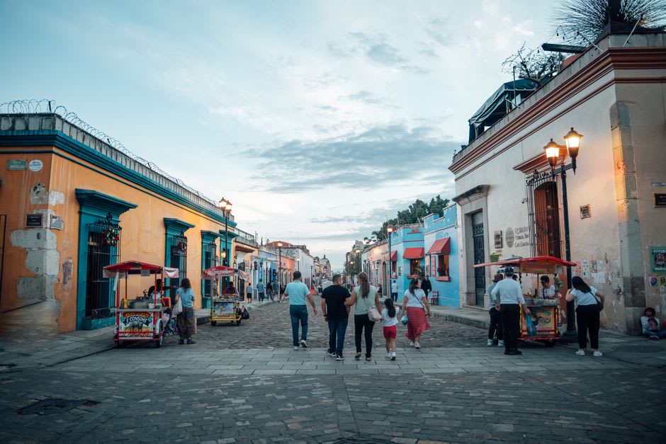 The baroque cathedral facade and central plaza of Tehuantepec at dusk