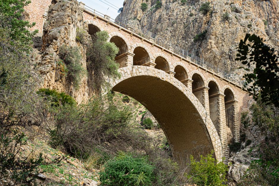The Chepe train arcing across a canyon bridge near Témoris