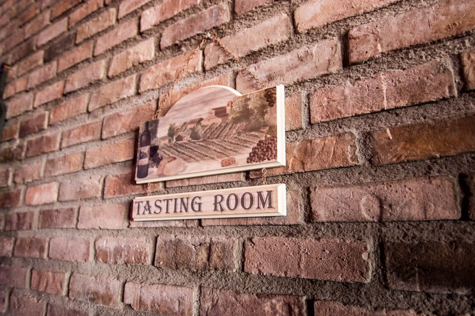The tasting room of a Valle de Guadalupe winery, a long wooden table set with glasses and Baja wine bottles, the vineyard visible through the open-air walls, the Mediterranean light of Baja on the vines