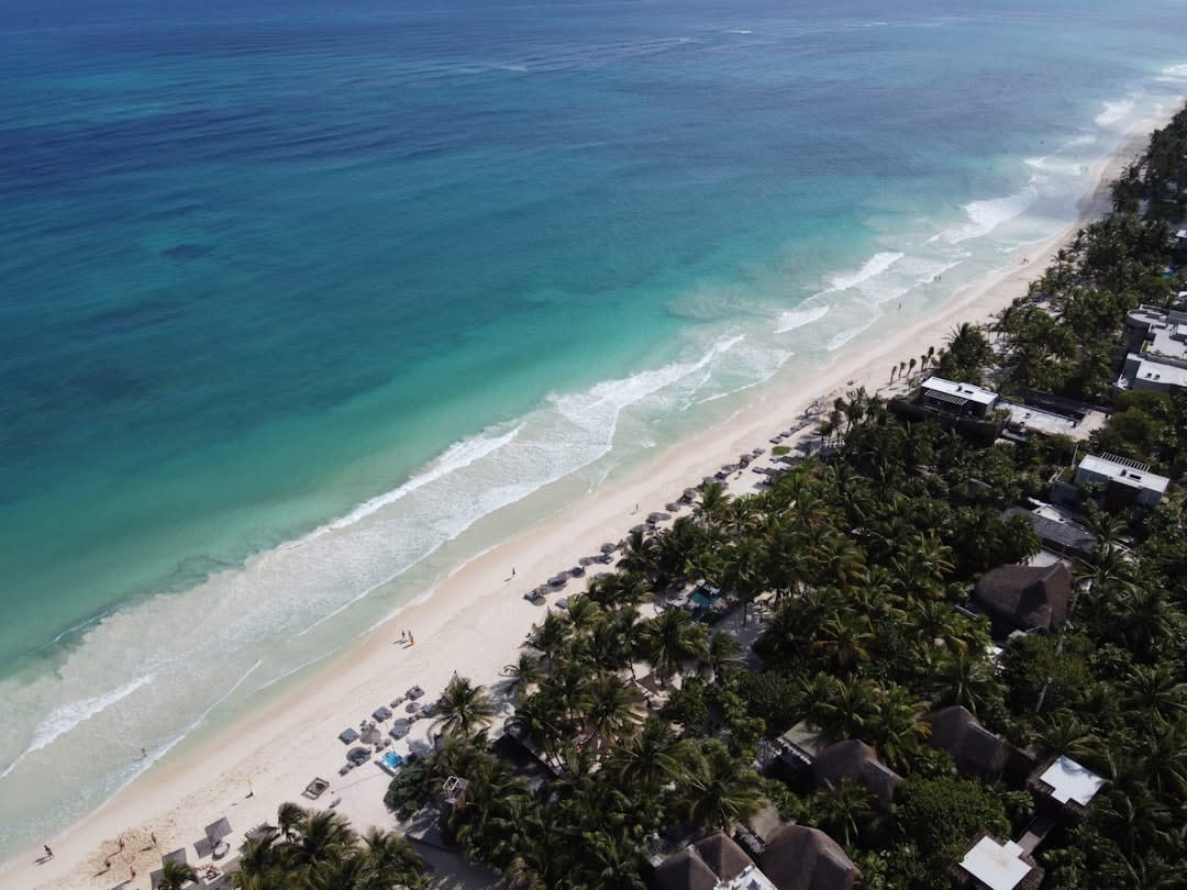 The Xcalak village waterfront at low tide, the reef visible as a turquoise barrier in the near-distance, a local fisherman returning to the beach with his morning catch, the simple buildings of the village behind, the flat Quintana Roo coastline stretching north