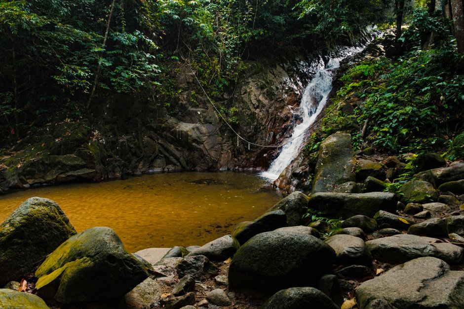 Swimmers cooling off in the wide pool beneath Ngardmau Falls surrounded by boulders and jungle