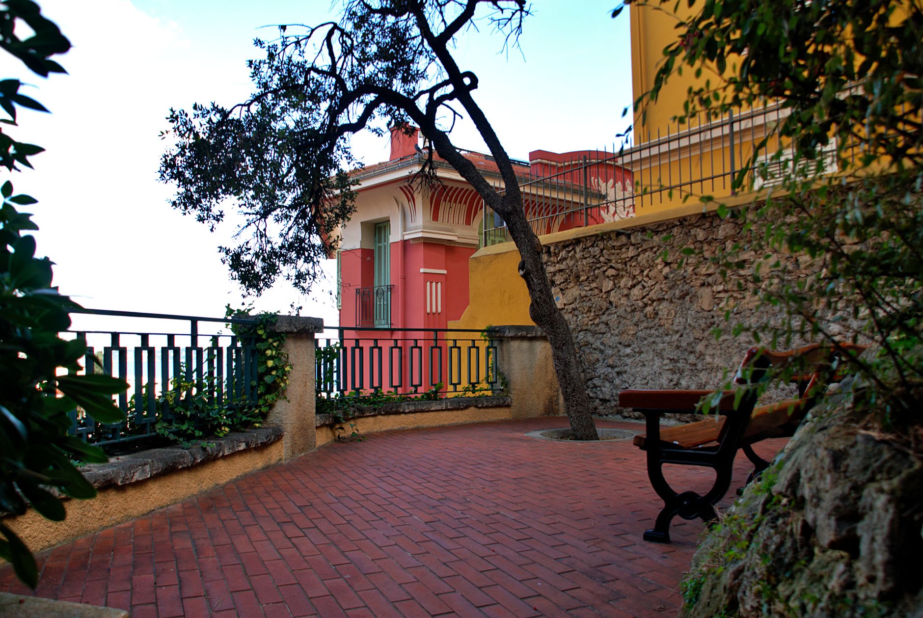 The steep winding path of the Jardin Exotique, flanked by enormous column cacti and barrel cacti with Monaco visible in the distance below