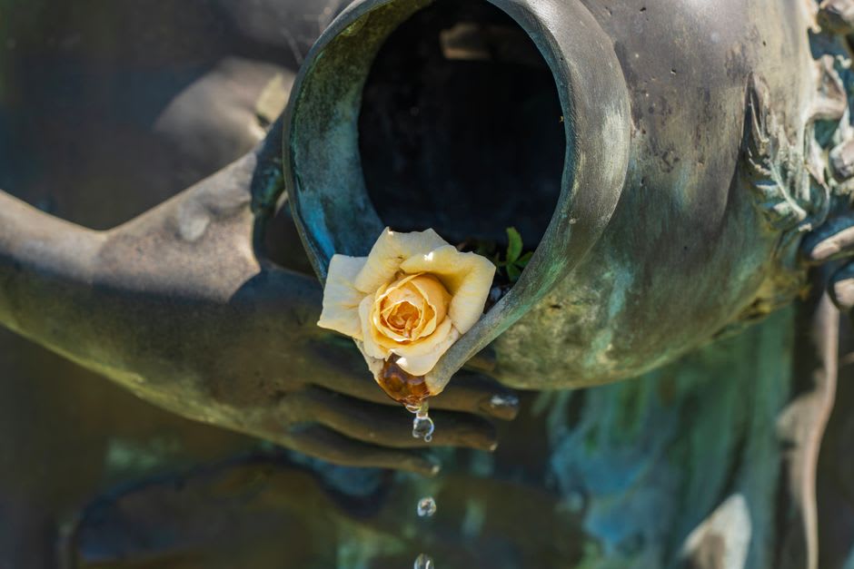 A weathered bronze sculpture partially shaded by rose bushes and greenery