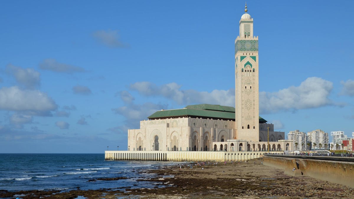 The magnificent Hassan II Mosque rising above the Atlantic in Casablanca
