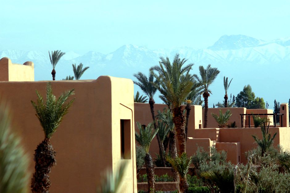 Palmeras datileras y arquitectura marroquí tradicional emergiendo sobre la Palmeraie de Marrakech, con las estribaciones del Atlas al fondo