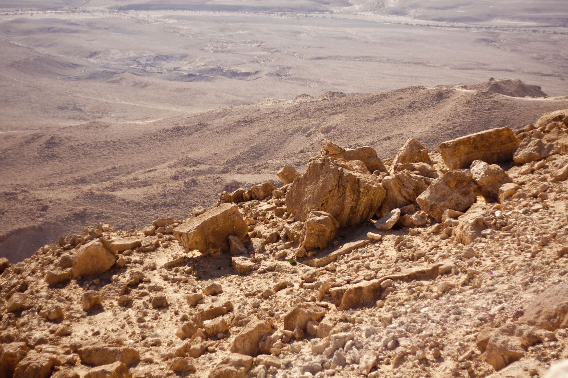 Ruines nabatéennes et byzantines sur l'acropole d'Avdat, le désert du Néguev s'étendant dans toutes les directions en dessous