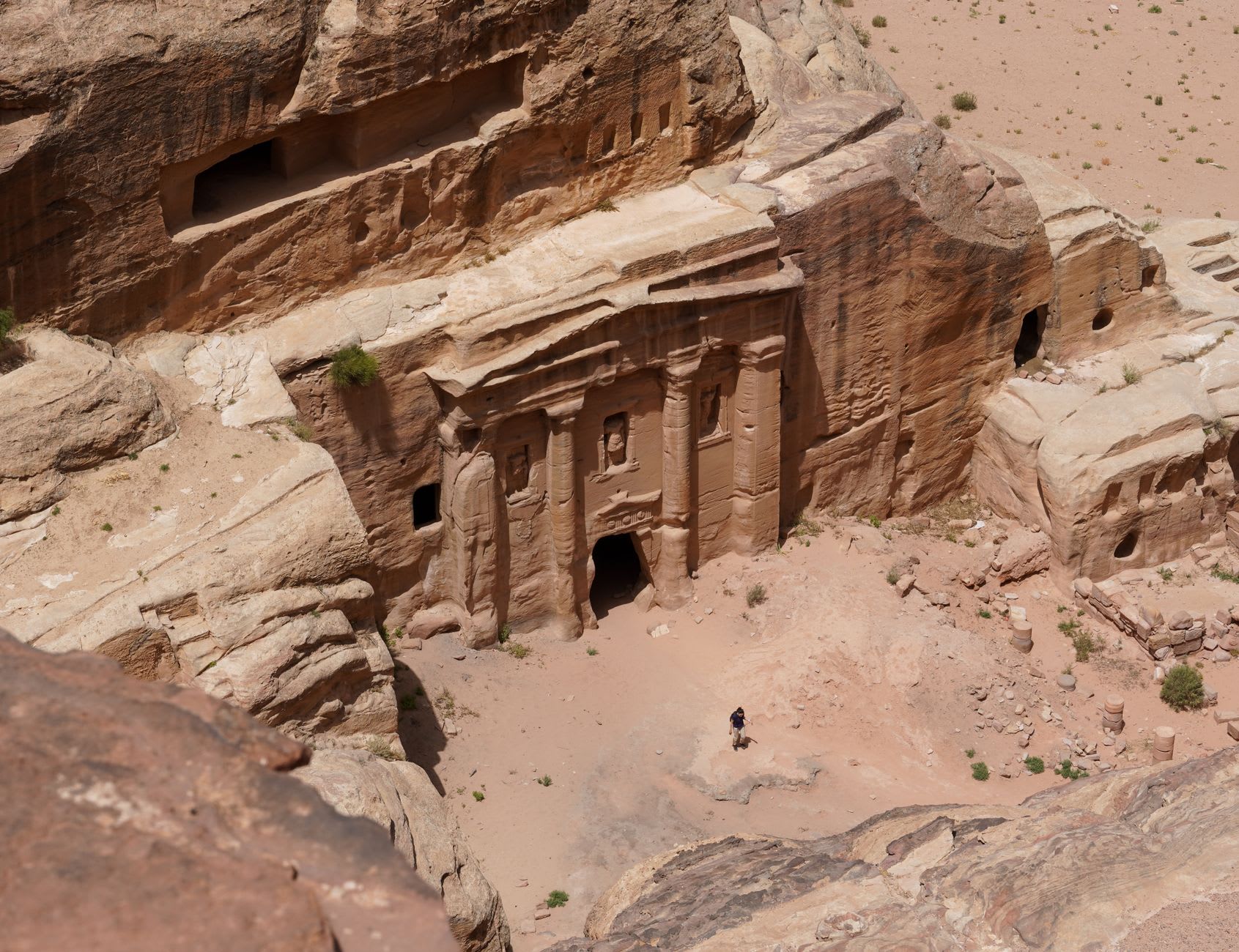 Panoramic view from the High Place of Sacrifice looking over Petra's wadi toward the Urn Tomb and the Jebel mountains beyond