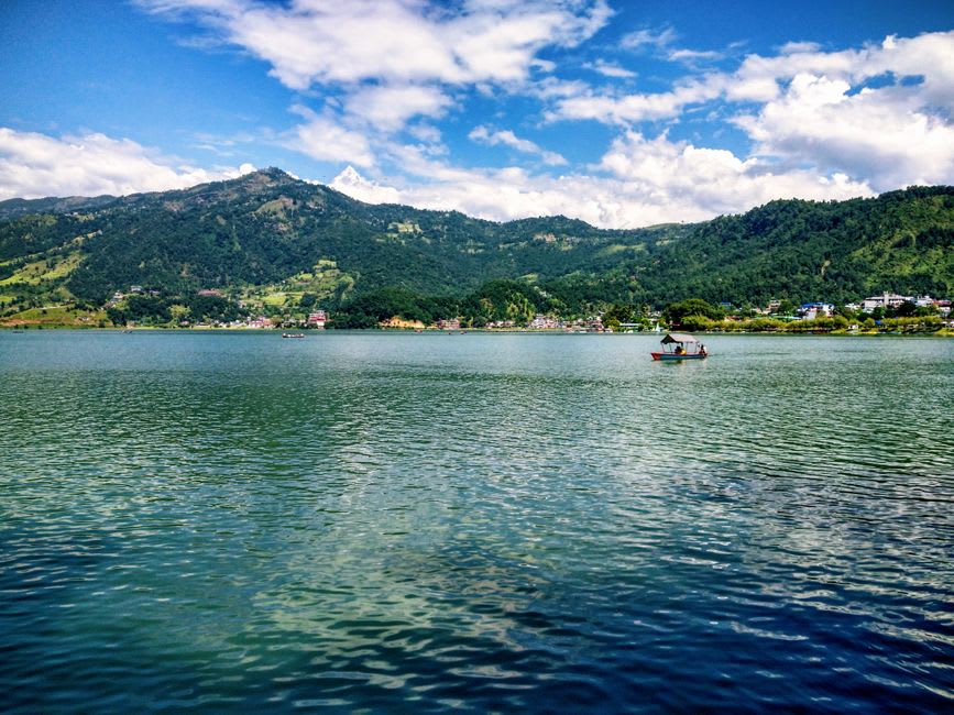 Poisson entier grillé, farci de piment et d'ail, servi sur une assiette en plastique dans une cabane au bord du lac Begnas