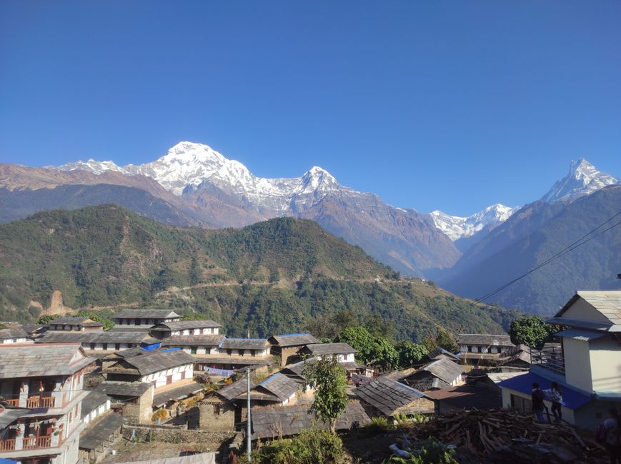 Annapurna South rising behind Chhomrong's upper village rooftops in late afternoon light
