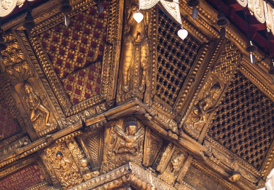 Ornately carved wooden roof struts on the medieval Indreshwar Mahadev temple in Panauti