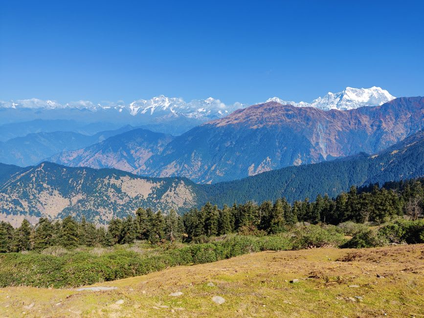 Panoramic view from Poon Hill's summit platform showing Dhaulagiri and the Annapurna range under a clearing morning sky
