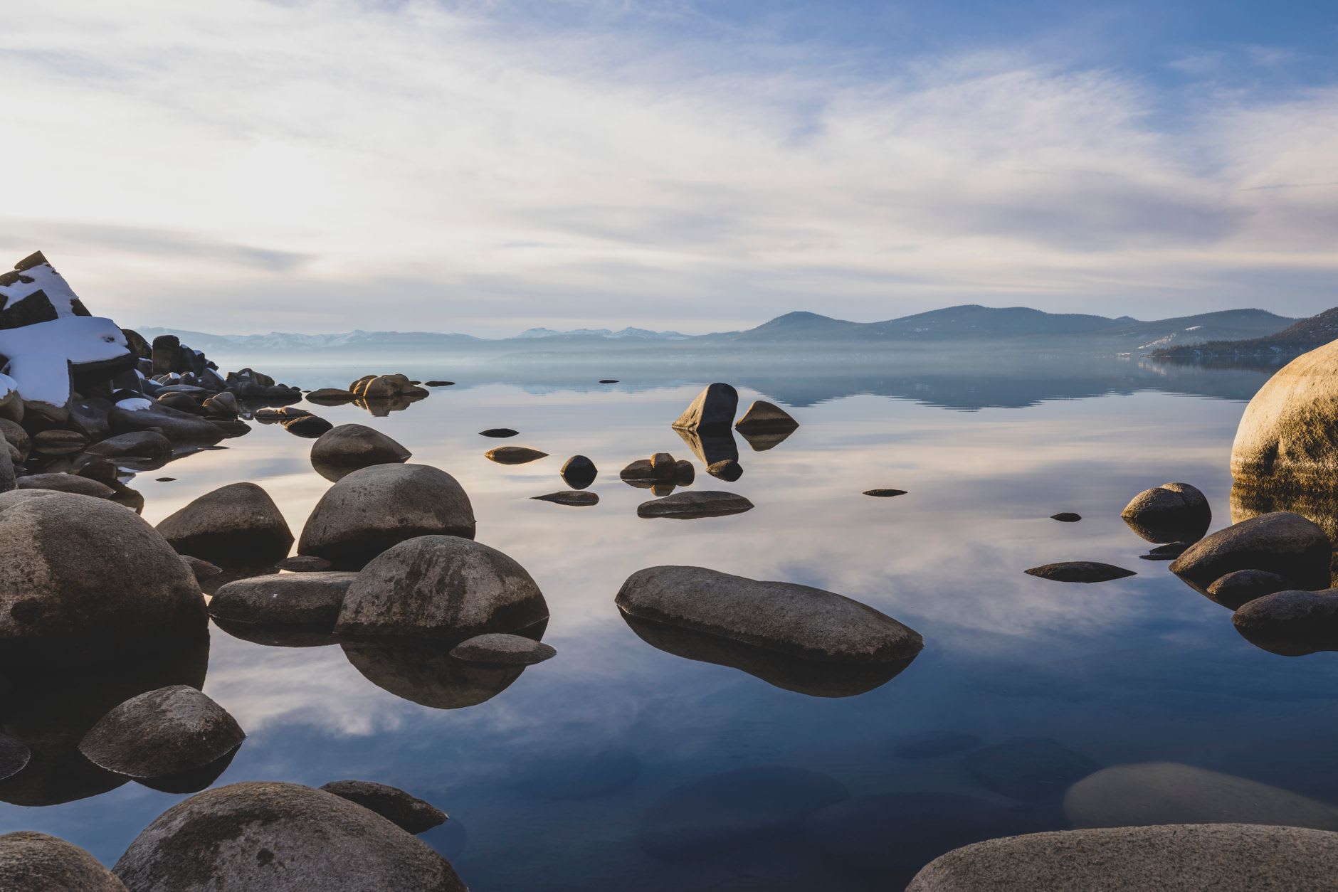 The crystalline shallows of Sand Harbor State Park on Tahoe's Nevada shore, the water so clear the granite boulders on the bottom are visible at ten meters
