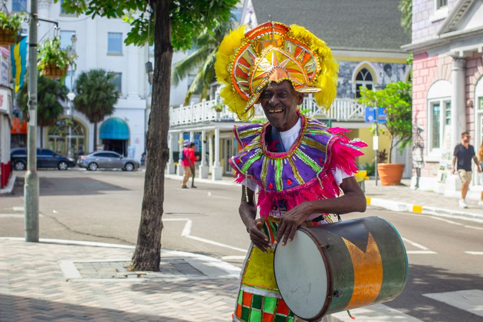 Dancers performing to palo de mayo drums during a street celebration in Bluefields