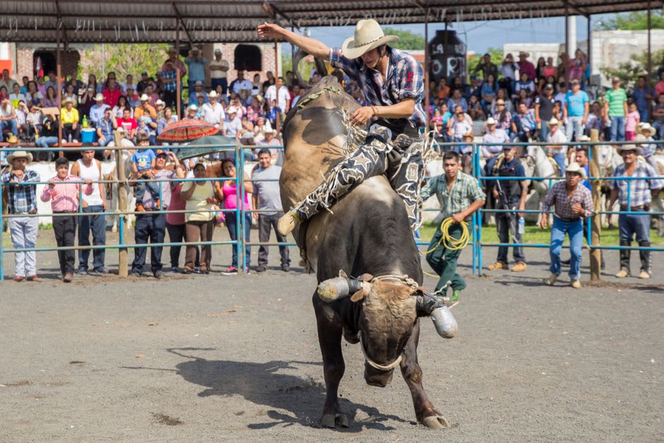 Rodeo riders and cattle in the dusty arena during Juigalpa's patron saint festival