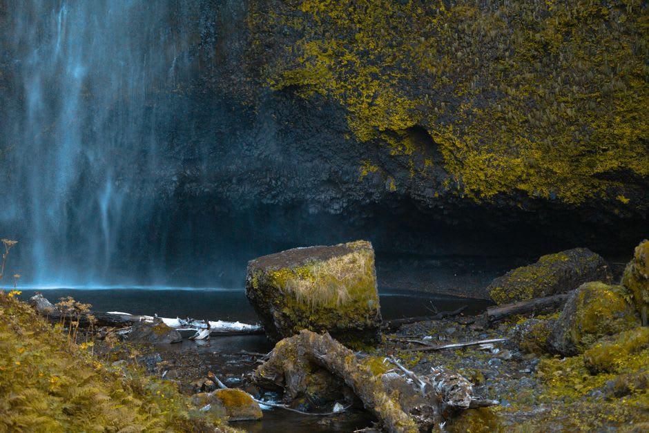 A misty cloud-forest waterfall dropping over moss-covered rocks in the Peñas Blancas Massif reserve