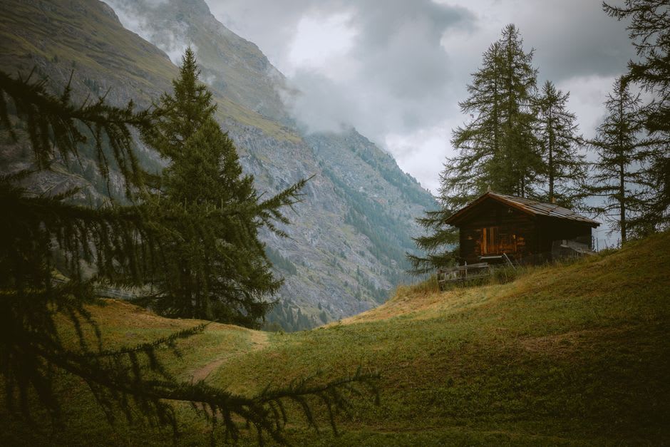 The main lodge building at Selva Negra with its steep Bavarian-style roof and timber facade, mist settling over the surrounding cloud forest