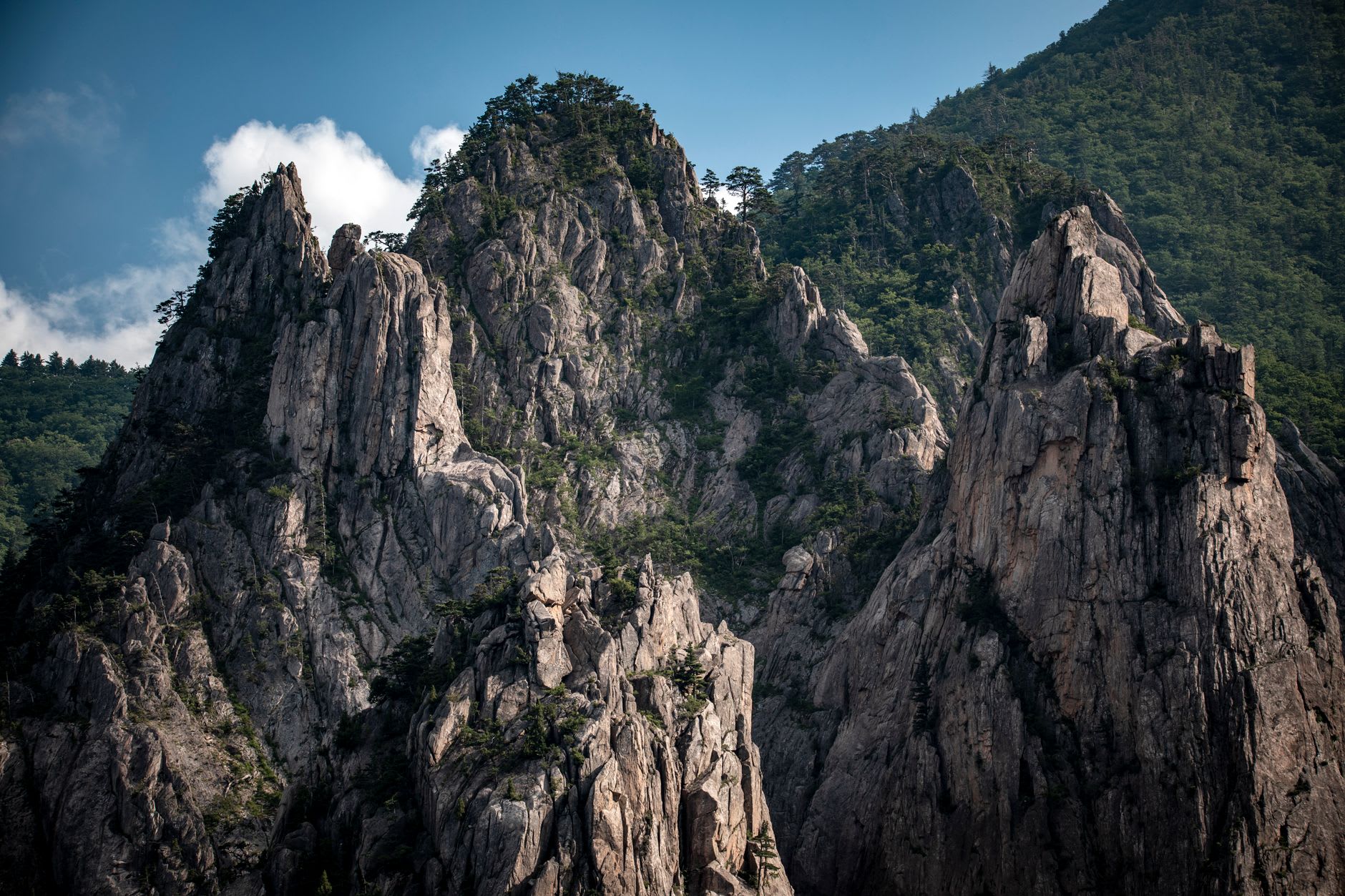 The abandoned Kumgang resort complex at Samil Lake, pine-forested mountains rising behind empty hotel buildings in autumn light
