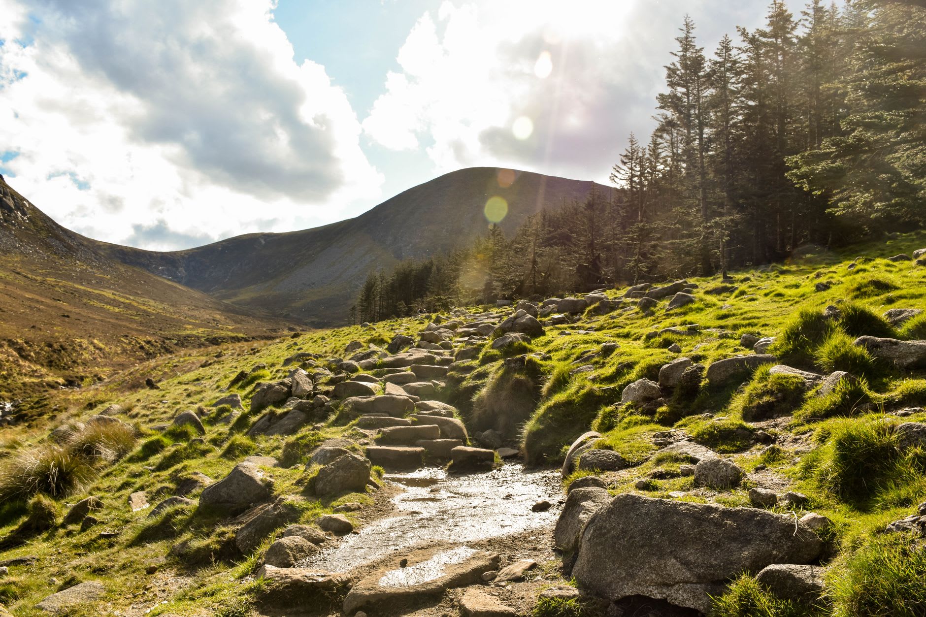 The path up Slieve Donard from Newcastle, following the Glen River through heather and granite boulders in morning mist