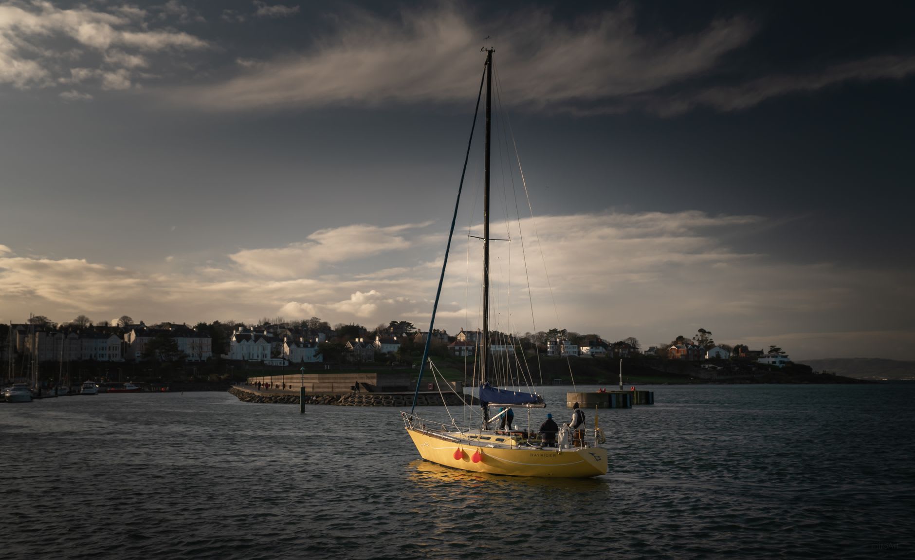 The narrows between Strangford and Portaferry, tidal current visible on the surface, the small ferry crossing between the two villages