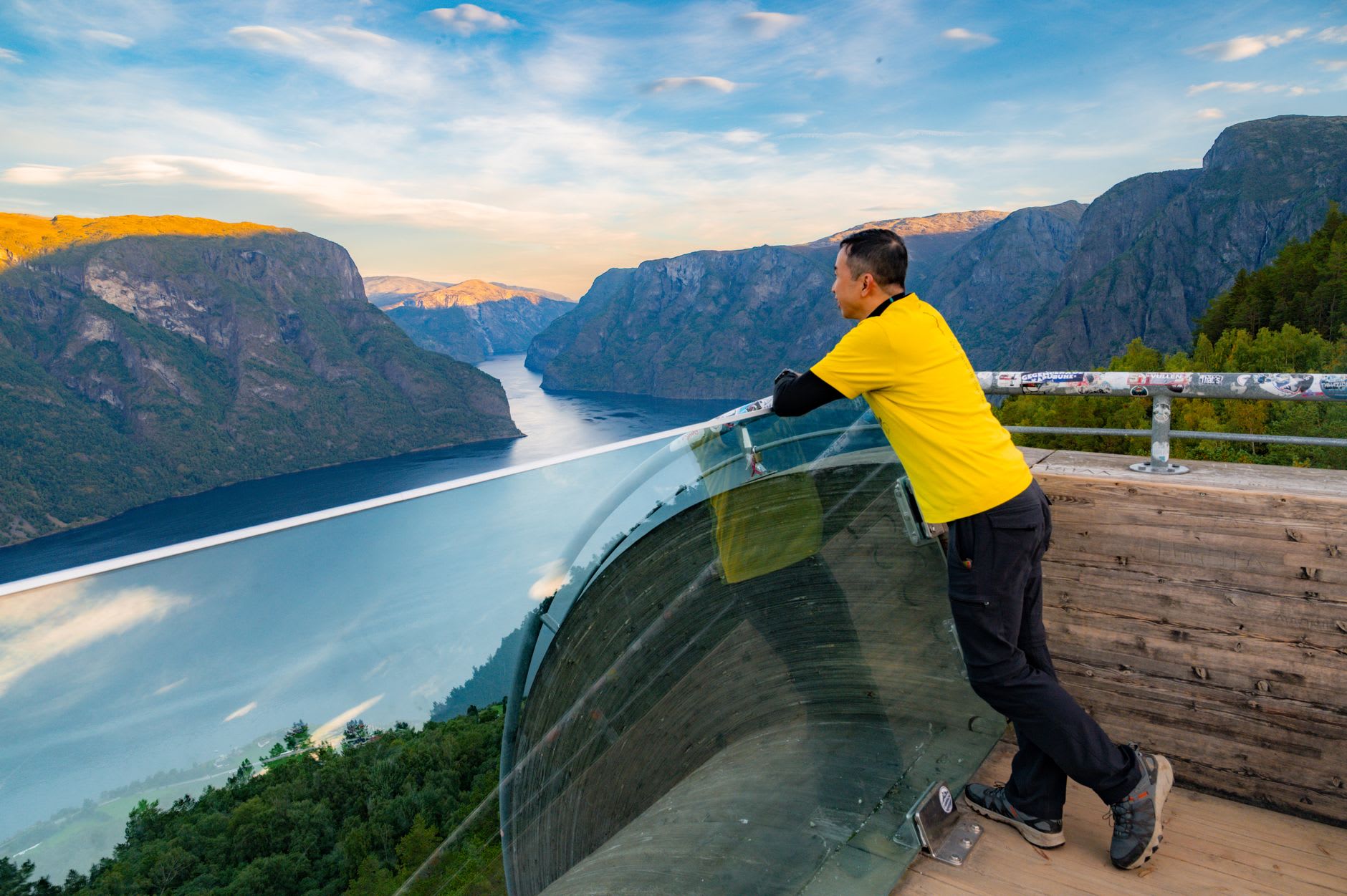 Nærøyfjord at dawn, mirror-still water reflecting sheer cliff walls, no sky visible, a faint mist drifting at the waterline