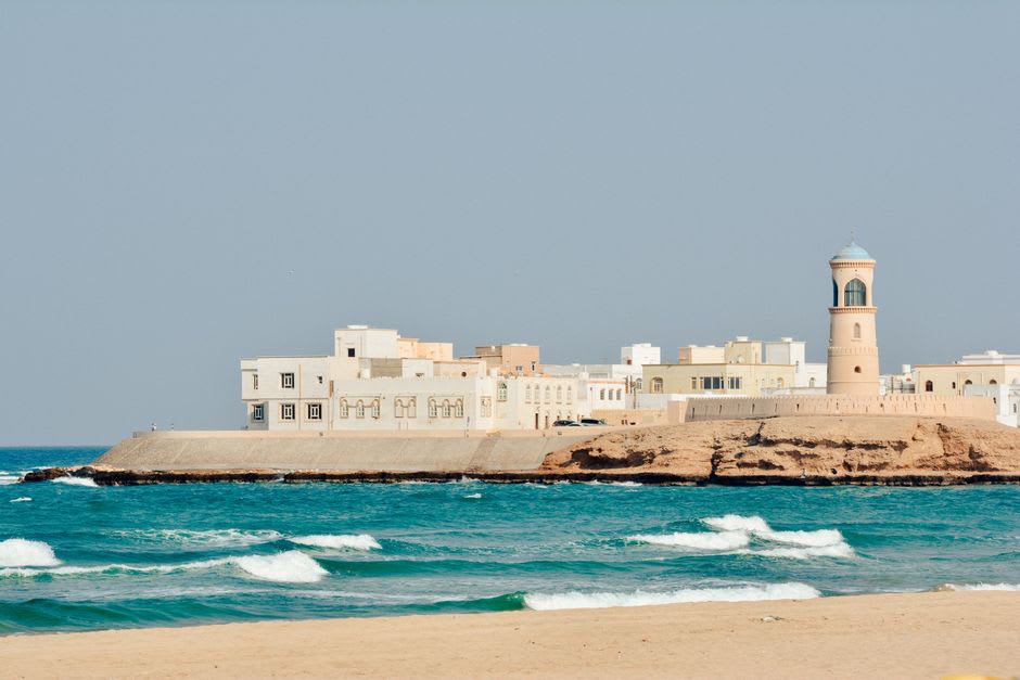 View from Sohar Fort's rampart toward the corniche and the Gulf of Oman coastline